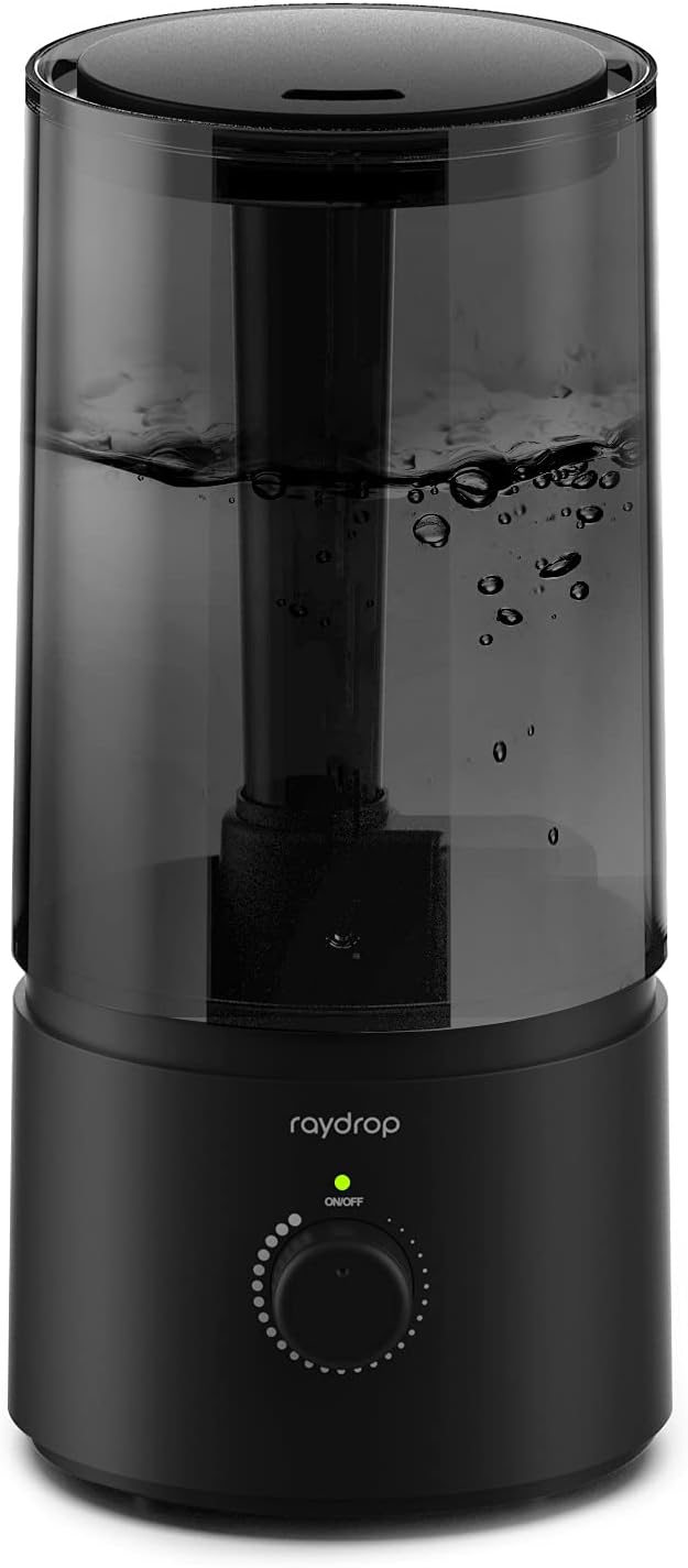 Black Raydrop 1.7L cool mist humidifier with a smoked see-through tank showing the water level and a rotary dial