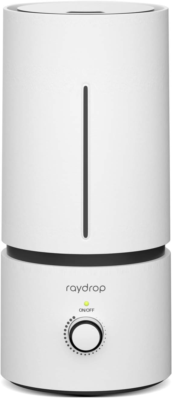 Slim white Raydrop 1.7L cool mist humidifier with a vertical water window and a single on/off and mist dial