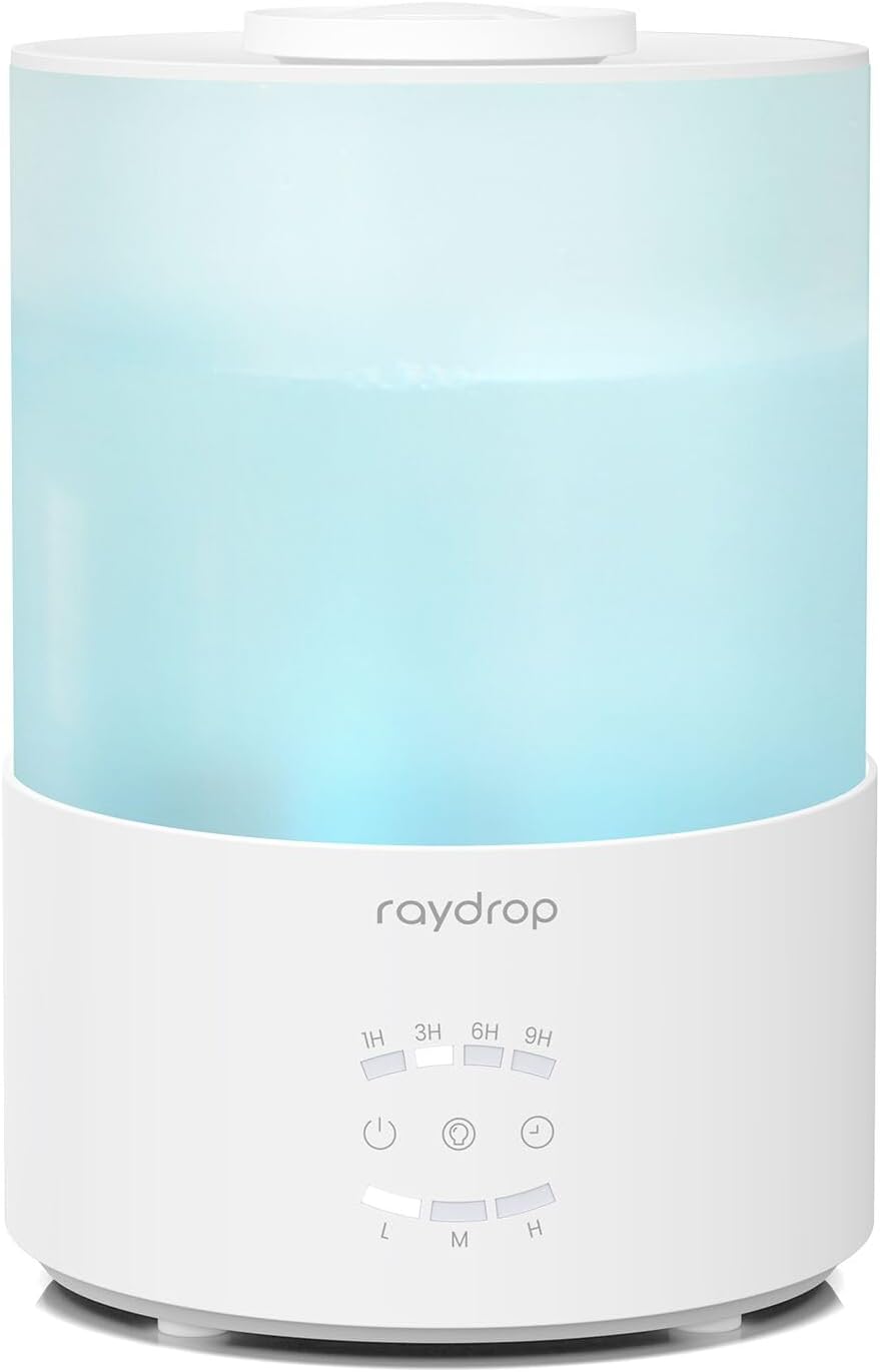 White Raydrop 3L top fill cool mist humidifier with a blue-lit tank and a touch panel for the 1, 3, 6 and 9 hour timer and low, medium and high mist