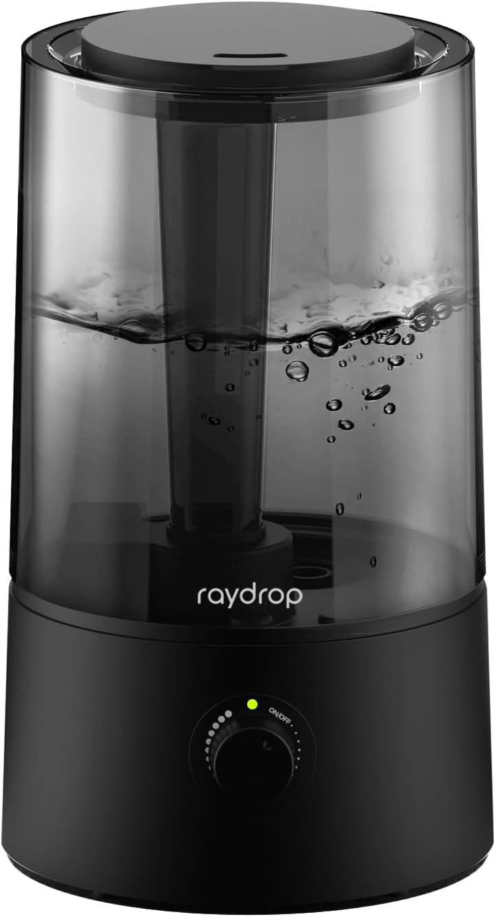 Black Raydrop 4L cool mist humidifier with a smoked transparent tank half full of water and a rotary mist dial on the base